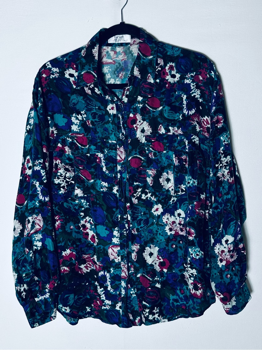 Vintage 90s Facade 100% Silk Water ColourAbstract Floral Blouse Teal Pink L